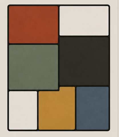 578 Studio Mondrian composition in rust, cream, sage, charcoal, ochre, and slate